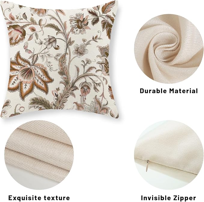 Brown Pillow Covers 20x20 Set of 2 Brown Chinoiserie Floral Throw Pillows Boho Vintage Flowers Decorative Pillow Cases Outdoor Chinoiserie Decor Farmhouse Linen Cushion Cover for Couch Sofa