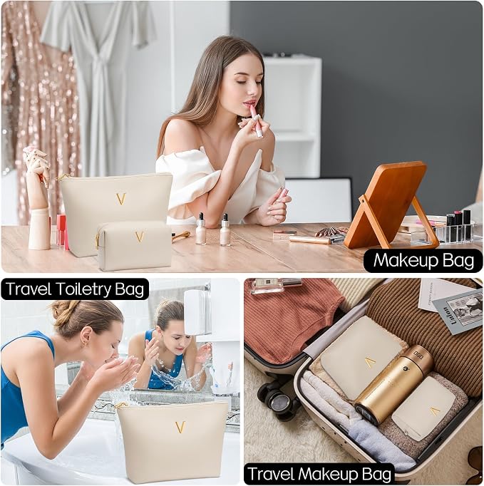 Women Gifts | Initial Makeup Bag for Girl Personalized Gifts for Bridesmaid Friend PU Leather Cosmetic Travel Toiletry Bag(Beige,V)
