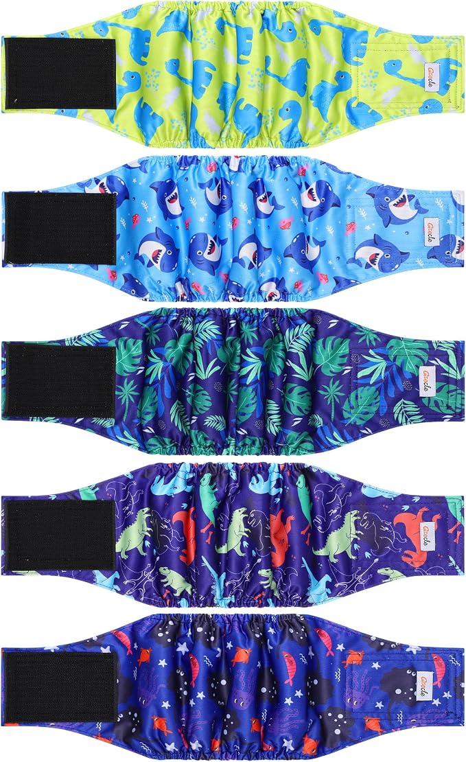 5 Pack Dog Diapers Male Reusable, Premium Belly Bands for Dogs, High Absorbing Male Dog Pee Wraps for Doggie in Incontinence or Excitable Urination Dinosaur M