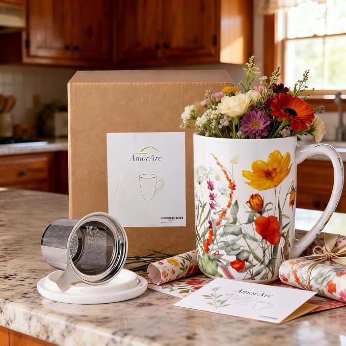 AmorArc Porcelain Tea Mug with Infuser and Lids, 18 Oz Large Cup Strainer with Bag Holder for Loose Leaf Tea, Steeping Coffee Mug for House-warming Wedding Birthday Gift