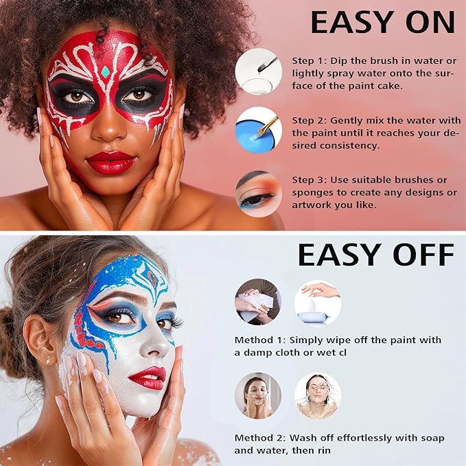 Water-Based Red White Blue Patriotic Face Body Paint Kit with Brushes for 4th of July Independence Day, Halloween Cosplay and Sports Events