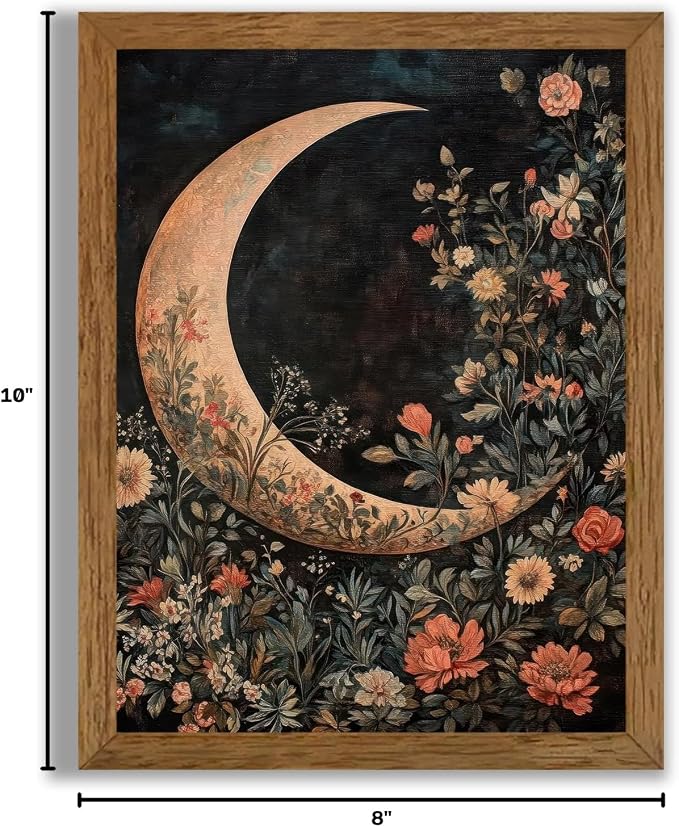 JLTULT Floral Moon Wall Art, Gothic Botanical Framed Canvas, 8 x 10 In | Dark floral moon art on fade-resistant canvas with a ready-to-hang wood frame for bedrooms, living rooms and bathrooms