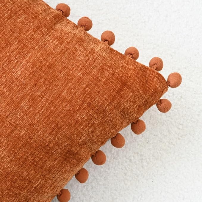 CaliTime Fall Decorative Throw Pillow Covers 16 X 16 Inches Burnt Orange | Pack of 2, Cozy Chenille Cushion Cases, with Pom Poms for Sofa Bed Living Room Farmhouse Home