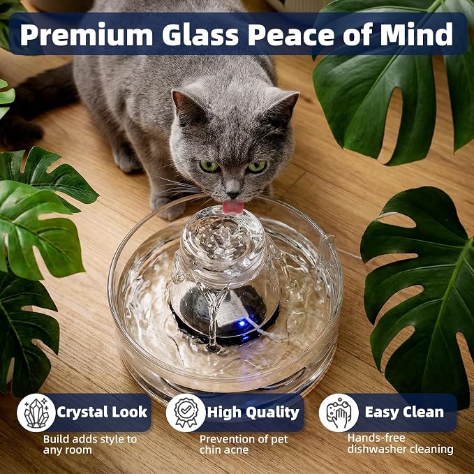 Glass Cat Water Fountain 88oz/2.6L, Cat & Dog Water Fountain for Drinking, Ultra-Quiet Glass Water Fountain for Cats Indoor, Pet Water Fountain for Multi-Cat Homes, Automatic Water Dispenser for Cats