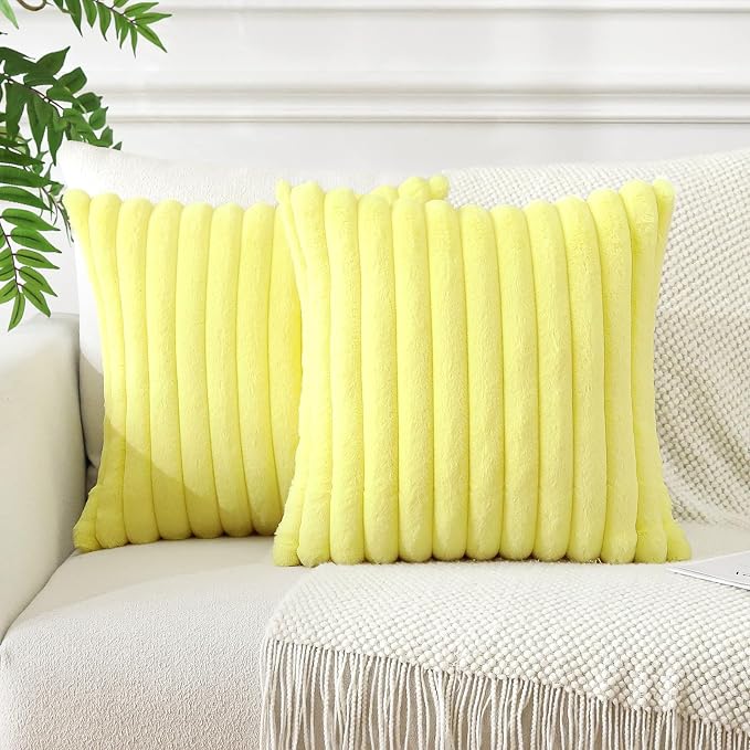 Soleebee Set of 2 Throw Pillow Covers Soft Cozy Velvet Pillowcase Faux Rabbit Fur Cover for Couch Sofa Bed Chair Home Decorative Pillows Cover (24x24 Inch, Lemon Yellow)