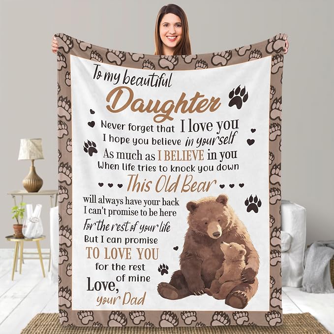 UFOORO Throw Blanket Daughter Gifts, Bear Hug Soft Fleece Blanket, Heartfelt Gift from Father to Daughter, Sweet Best Gifts for Adult Daughters Birthday Christmas Valentine's Day 55"X70"