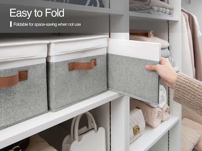 StorageWorks Storage Bins with Lids, Decorative Storage Boxes with Lid and PU Handles, Foldable Storage Baskets for Closet, Shelves, Stackable, Gray and White, Jumbo, 3-Pack | Lidded Dust-proof, Easy Pull Handles, Foldable, Stackable, Ideal for Clothes...