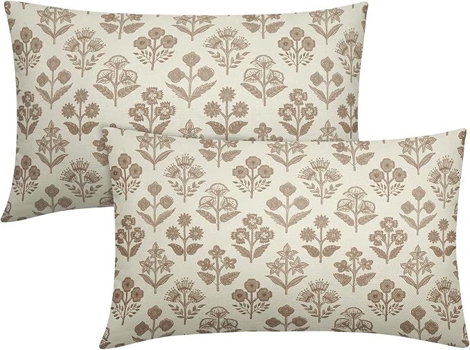 Brown Floral Pillow Covers 12x20 Inch Set of 2, Block Print Lumbar Flower Cream Decorative Throw Pillowcases Outdoor Farmhouse Rectangle Cushion Covers Spring Summer Sofa Couch Bed Decor