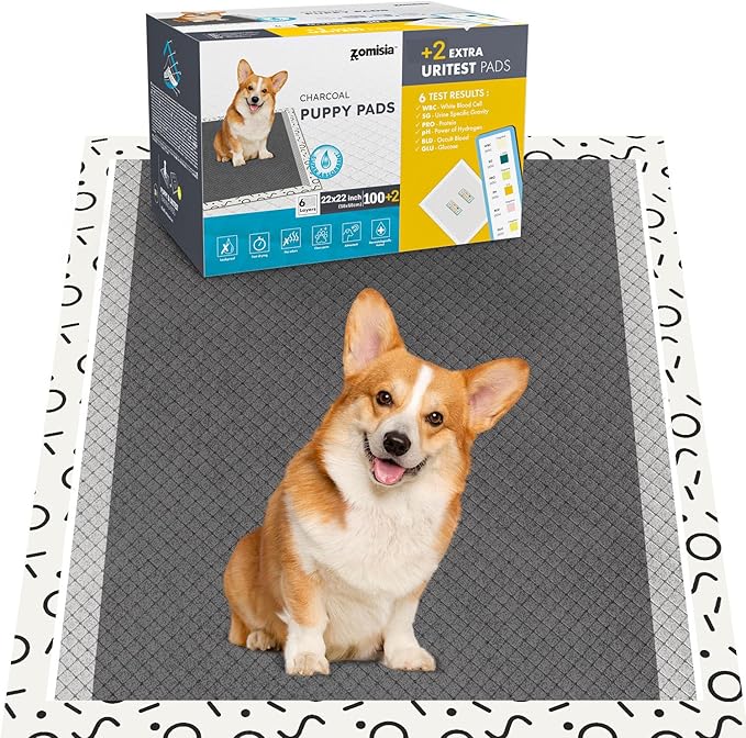 ZOMISIA Charcoal Puppy Pee Pads for Dogs, 22"x22" 100 Counts + 2 Extra Health Monitoring Pads - Disposable Dog Potty Training Pads, Odor-Control, Super Absorbent & Leak-Proof