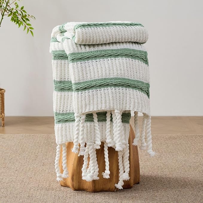 Boho Knitted Chenille Blanket with Tassels - Lightweight & Soft All-Season Throw - 3D Classic Pattern for Living Room Bedroom Couch, Sage Green(Striped), King 90"x108"