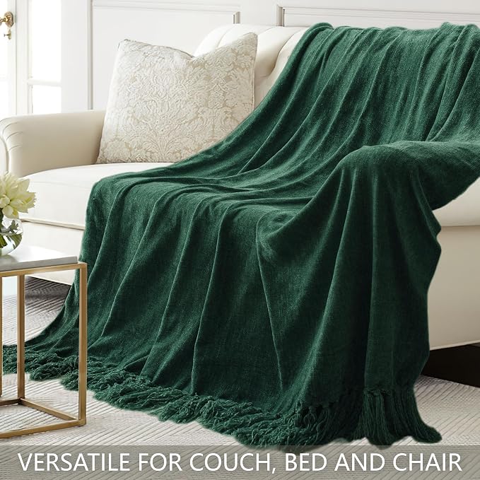 Chenille Throw Blanket for Couch 60" x 80" Twin, Dark Green | Soft Cozy Throws with Fringe Tassel, for Living Room Bed Sofa Chair Cover, Lightweight Knitted Boho Blankets Christmas Decor