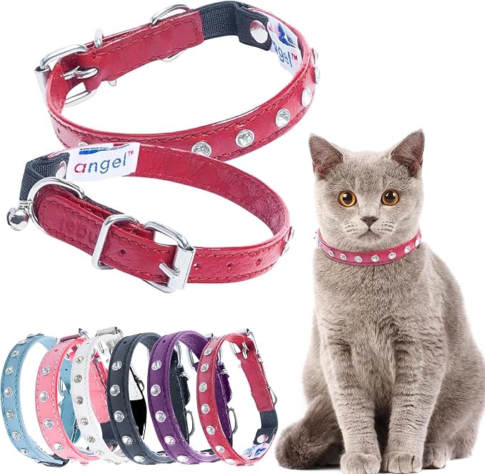 Athens Cat Collar, Leather Kitten Collar w/Rhinestones, Sturdy Breakaway Cat Collar with Bell & Elastic Stretch, Cat Accessories, Valentine Red, 10 x ½ inches - Angel Pet Supplies