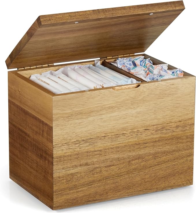 Tampon Holder for Bathroom Decor, Acacia Wood Feminine Product Organizer with Lid, Shark Week Tampon Storage, Pad and Tampon Organizer