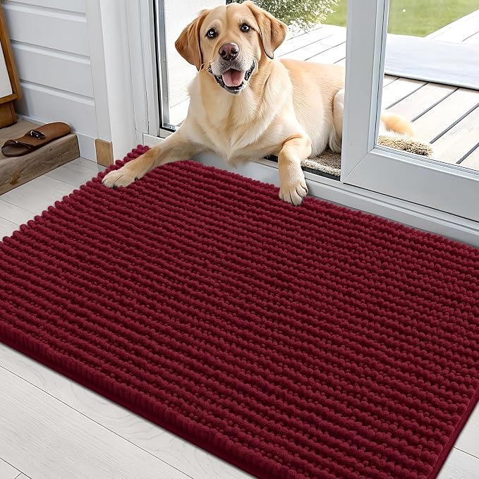 OLANLY Dog Door Mat for Muddy Paws 36x24, Extra Absorbent Chenille Mud Mat | Burgundy, Absorbs Moisture and Dirt, Non-Slip Machine Washable Doormat, Quick-Drying Indoor Entryway Floor Mat for Dogs