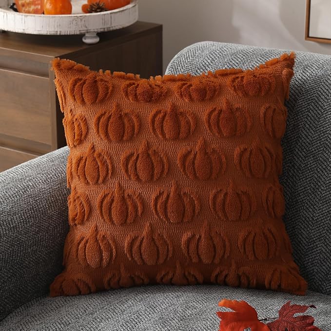 DFXSZ Fall Pillow Covers 16x16 2Pcs Rust Pumpkin Fall Decorations for Home | Fall decor Set of 2 Throw Pillow Cases Soft Plush Faux Fur Wool Couch Cushion for Chair Sofa Bedroom Living Room Home Decor