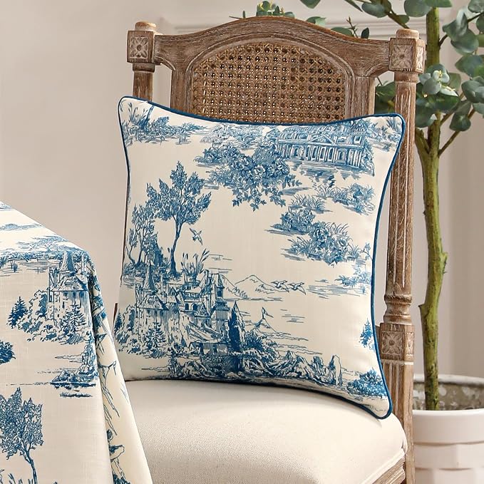 patdrea French Vintage Linen Throw Pillow Cover,18"x18",Set of 2-Lucerne A | Decorative Pillow Case,Chinoiserie Blue and WhitePillow Cover for Couch Living Room Bedroom Sofa