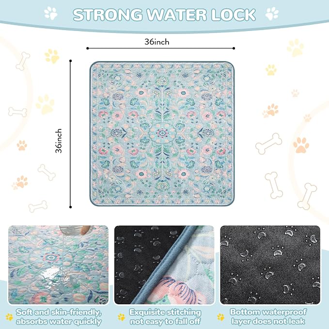 Lahome Botanical Washable Reusable Pee Pads for Dogs, 2 Pack, Blue, 36x36 | Super absorbent, waterproof training mats with leakproof non-slip backing; suitable for potty training, crates and floors.