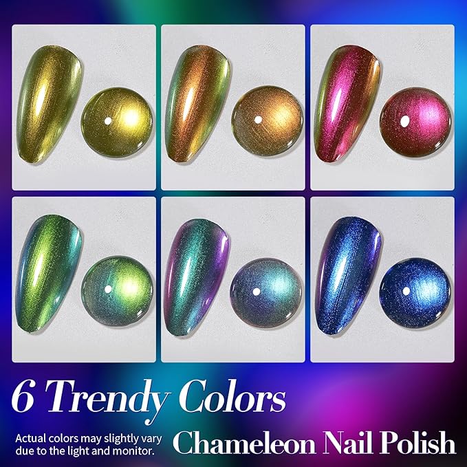Born Pretty Chameleon Nail Polish Set, 6 Colors Chrome Holographic Metallic Glitter Quick Dry Nail Lacquer Kit Long Lasting DIY Fingernail Art Home Salon Valentines Gifts for Women Girls