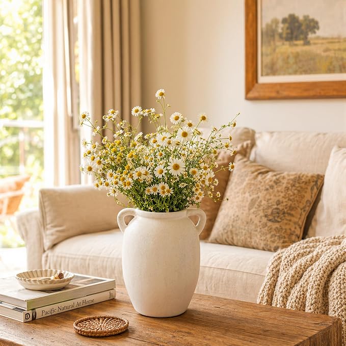 DREAMLOOM 7.6 Inch Ceramic Flower Vase, White | Double Handles, Farmhouse Vintage, Pottery Terracotta, Home Decor, Living Room Dining Table Wedding Centerpieces