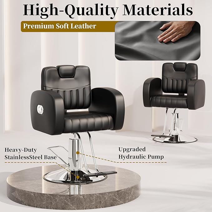 Baasha Ergonomic Black and Silver Salon Chair with Comfortable Thickened Cushions, Heavy Duty Reclining Stylist Chair for Hair braiding, Extensions, Tattooing, Weight Capacity 440 lbs