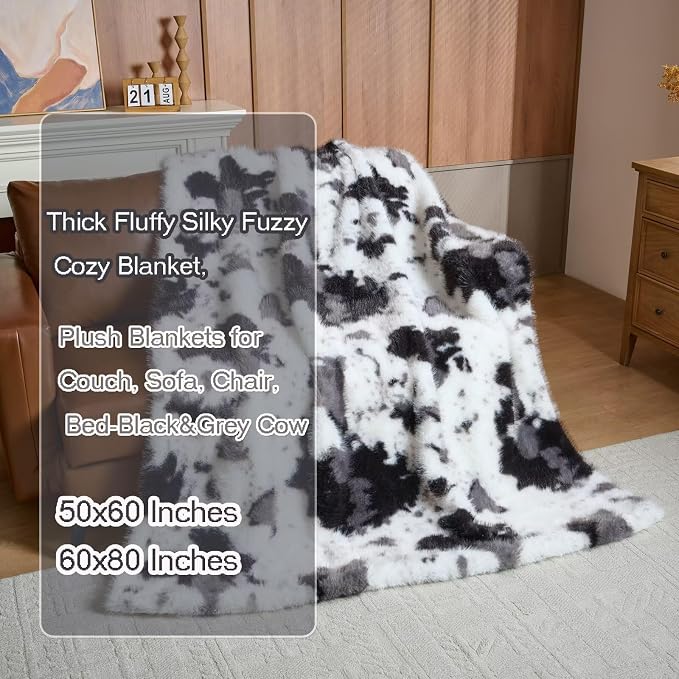 Luxury Fluffy Faux Fur Throw Blanket,Thick Fluffy Silky Fuzzy Cozy Blanket,Plush Blankets for Couch, Sofa, Chair, Bed-Black&Grey Cow-50 * 60inch
