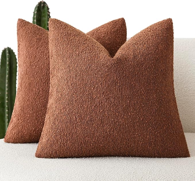Foindtower Set of 2, Decorative Textured Boucle Throw Pillow Covers Accent Solid Pillow Cases Neutral Soft Cozy Couch Cushion Case for Chair Sofa Bedroom Living Room Home Decor 26x26 Inch Red Taupe