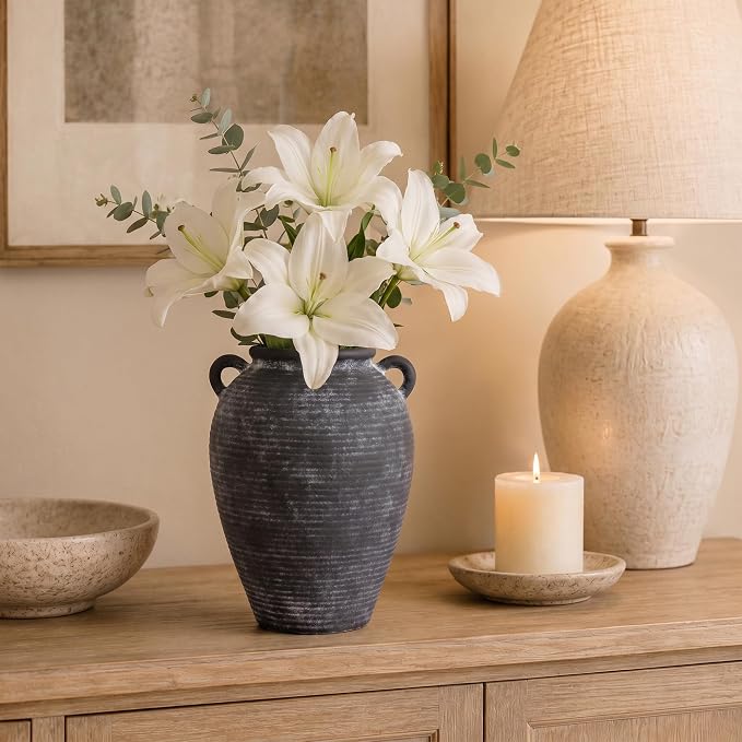 8.7" Black Ceramic Vase with Handles for Home Decor | Black pottery vase with handles; small black vase, watertight for fresh flowers, pampas grass, shelves, mantels and tables