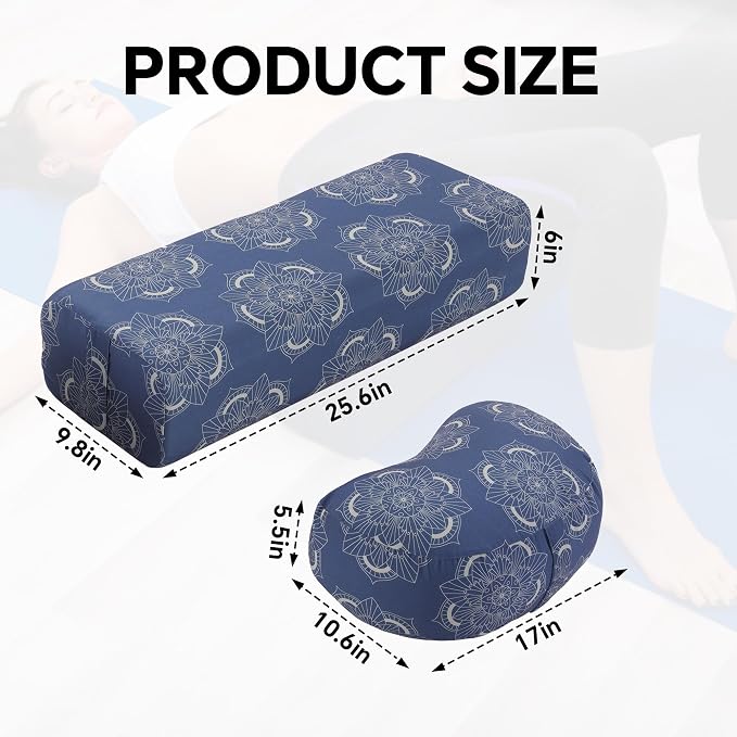 MABOZOO 2-Piece Yoga Bolster Pillow, Rectangular & Crescent Meditation Cushions with Removable Cover for Restorative Yoga, Meditation Accessories for Sitting on Floor