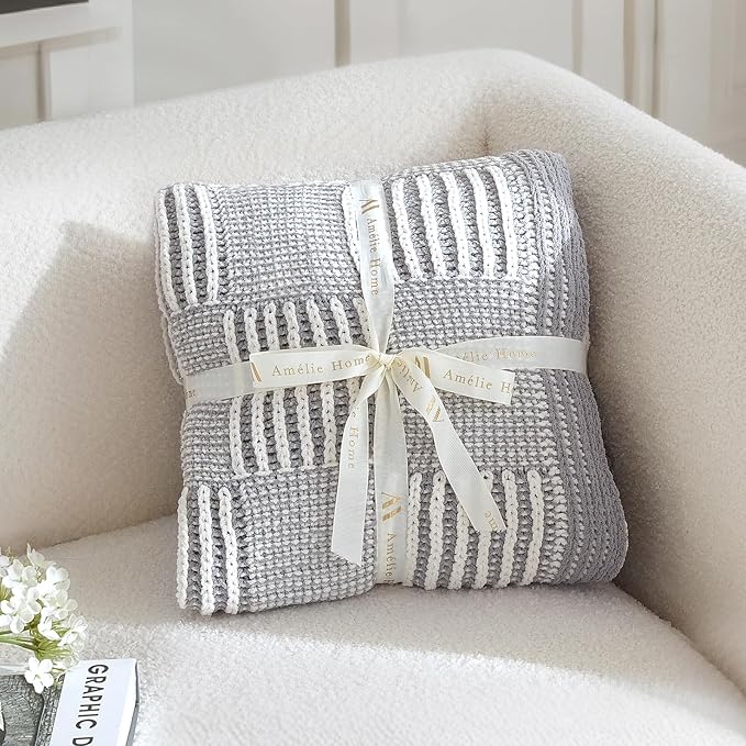 Knit Throw Blanket, Soft Chenille Cozy Breathable Dual Tone Checkered Chunky Decorative Blanket for Couch, Bed & Sofa, French-Inspired Lightweight Warm Gift for Women, Gray, 50"x60"
