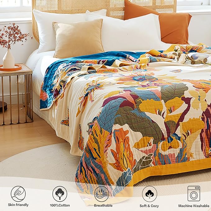 VANJOROY King Extra Large Boho Throw Blanket Oversized 91" x 108", 100% Organic Cotton Soft Bed Throw - Floral Bird Butterfly Pattern Farmhouse Blanket for Couch Sofa Chair and Gift.
