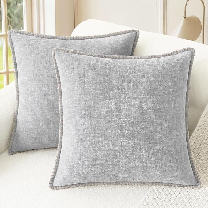 CaliTime Decorative Couch Throw Pillow Covers 24 X 24 Inches Moonbeam Gray | Pack of 2, Cozy Chenille Cushion Cases, Cotton Thread Stitching Edges, for Sofa Bed Living Room Farmhouse