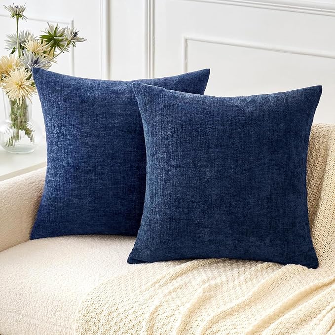 MIULEE Soft Chenille Throw Pillow Covers Navy Blue 16x16 Inch Pack of 2 | Modern Coastal Home Decor, Classic Decorative Pillows, Solid Dyed Cases, Boho Couch Cushion Covers for Sofa Bed Living Room