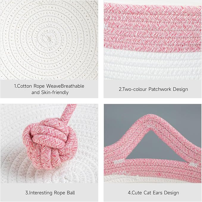 Cotton Rope Woven Cat Bed, Instinct Pet Basket with a Play Ball, Large | Foldable Cat Scratcher Basket for Indoor Cats, Puppies, Rabbits and Small Pets, Pink & White