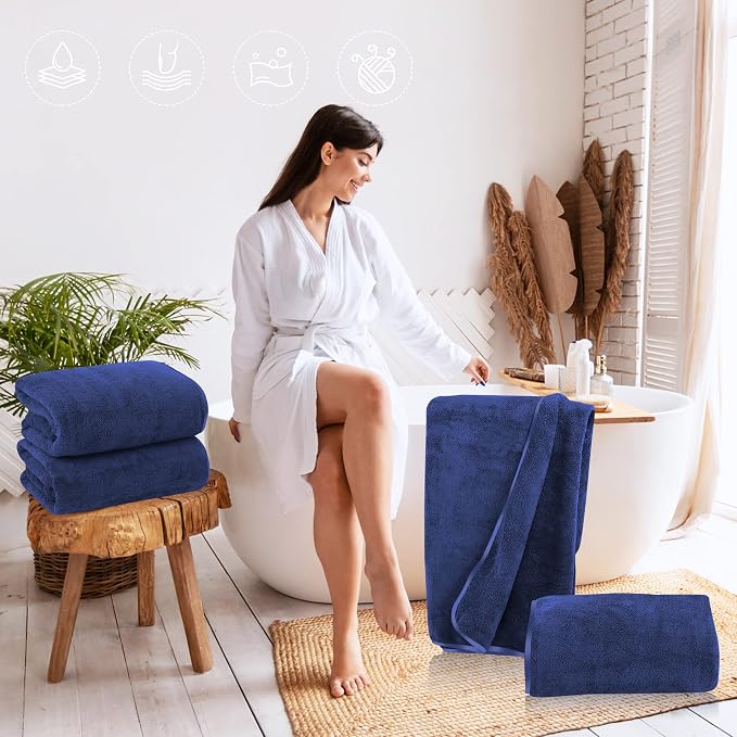 TENSTARS Silk Hemming Bath Towels for Bathroom Clearance - 27 x 55 inches - Light Thin Quick Drying - Soft Microfiber Absorbent Towel for Bath Fitness, Sports, Yoga, Travel, Gym - 2 Pack, Navy Blue