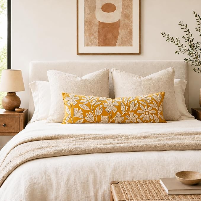 Long Lumbar Pillow Cover 14x36 for Bed, Mustard Floral Tufted Velvet Accent Oversize Throw Pillowcase for Bedroom, Cover Only