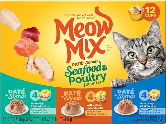 Meow Mix Paté & Shreds, Seafood & Poultry Wet Food Variety Pack, 12 Cups