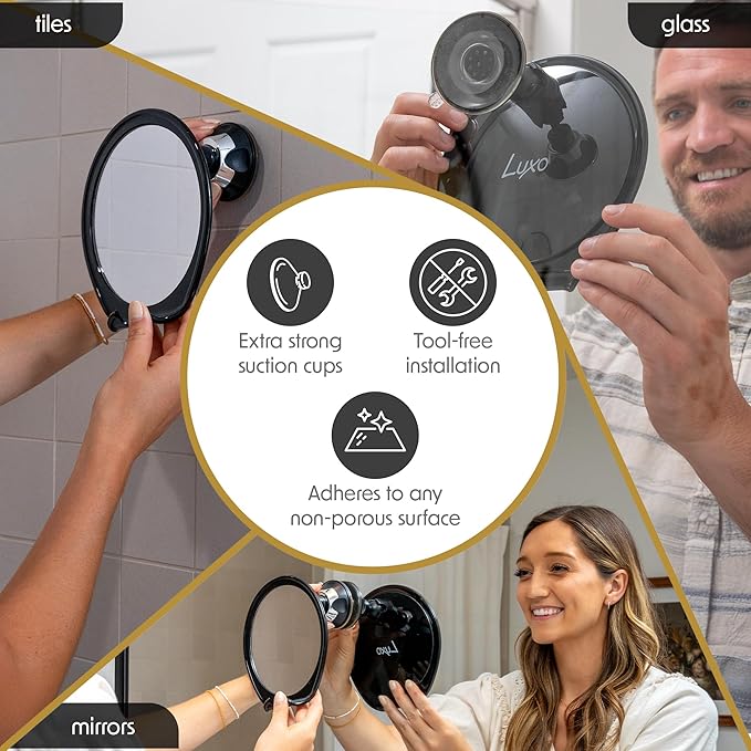 Luxo Shower Mirror, Shaving Mirror with a Razor Holder for Shower and Powerful Suction Cup - Shatterproof Shower Mirror fogless for Shaving, fogless Mirror for Shower (Black)