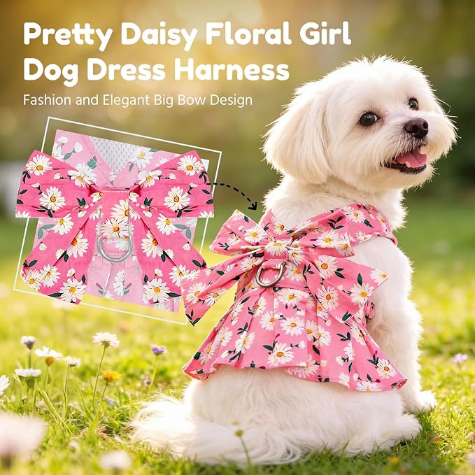 BAEJMJK Dog Dress Bowknot Harness Leash Set for Small Dogs Cats Daisy Floral Girl Dog Dresses Cute Puppy Princess Clothes Pet Doggy Outfits Spring Summer Breathable Dresses(Pink,Large)