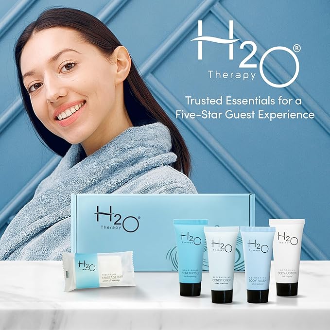 H2O Therapy Amenity Kit | Hotel Bulk Toiletries | 0.85 oz Shampoo, Conditioner, Lotion, Body Wash, Body Bar Soap for Guest Hospitality Vacation Rentals | 15 Sets/Case