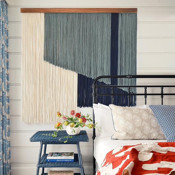 Jakalin Macrame Wall Hanging Boho Yarn Tassel Blue Modern Decor 39"x39" | Hand-dyed navy ombre, Wood dowel, Fringe tassels, Wall decor for living room, bedroom, apartment，Handmade yarn fiber deocr