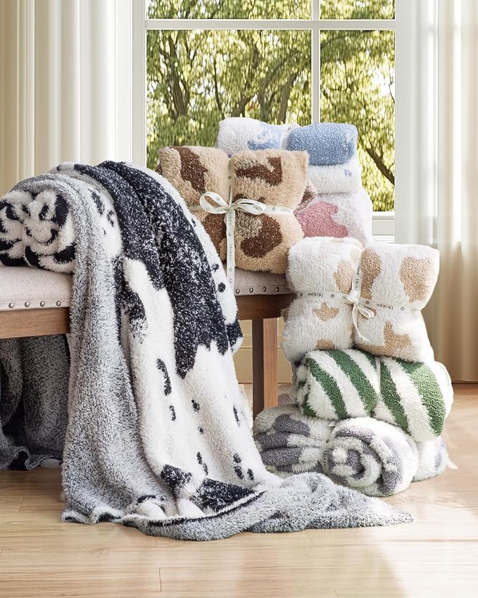 Throw Blanket for Couch, Soft Cozy Chunky Knit Thick Knitted Blanket for Sofa, Bed, Gift for Women Girls Home Decor (Cow-Blue, Throw 50"x60")
