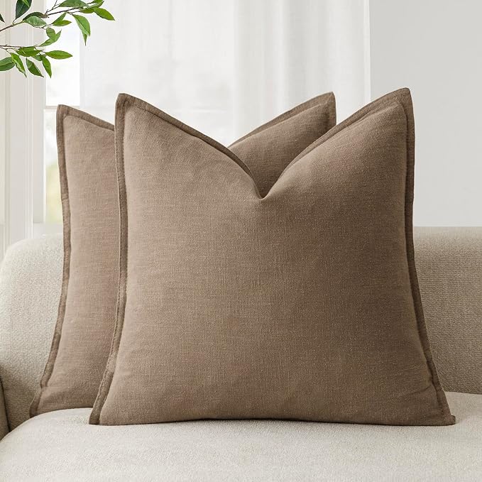 Foindtower Linen Solid Decorative Throw Pillow Covers 16 x 16 Light Brown | Pack of 2 Soft Accent Modern Cushion Case, Boho Farmhouse Neutral Pillowcase, Home Decor for Chair Sofa Bedroom Living Room