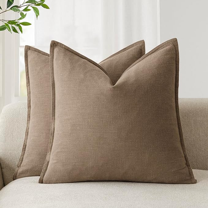 Foindtower Pack of 2, Decorative Linen Solid Throw Pillow Covers Soft Accent Cushion Case Boho Farmhouse Neutral Pillowcase for Chair Couch Sofa Bedroom Living Room Home Decor 18 x 18 Inch Light Brown