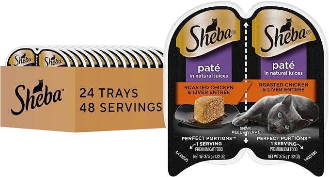 Sheba Perfect Portions Pate Wet Cat Food, Chicken & Liver, 2.6 oz, 24 ct | Grain-free, made in USA, 48 servings, no fillers, real meat, complete & balanced all life stages, twin-pack trays