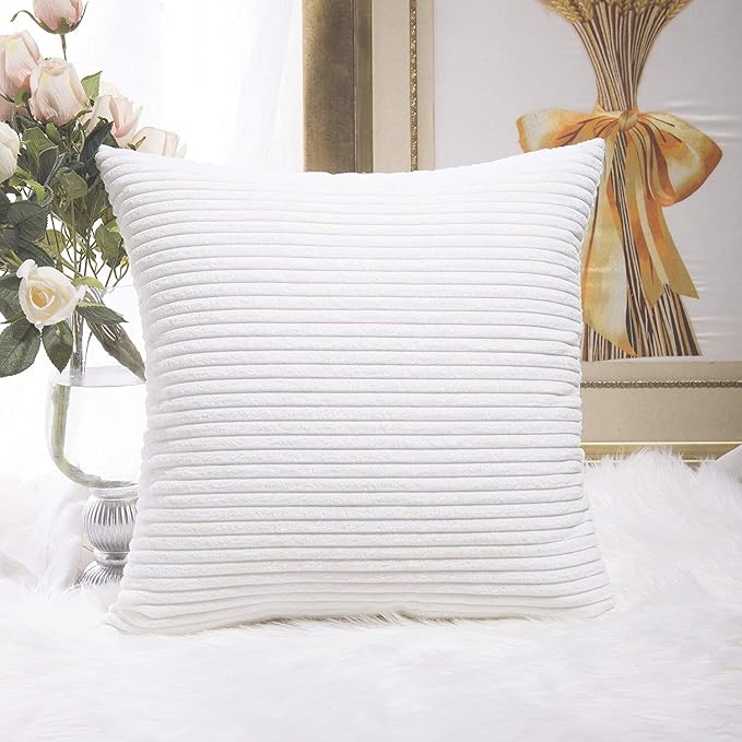 Home Brilliant Striped Corduroy Pillow Cover 24x24 Euro Throw Pillow Sham Accent Couch Cushion Cover for Summer Decor, 24 x 24 inch (60cm), Creamy White
