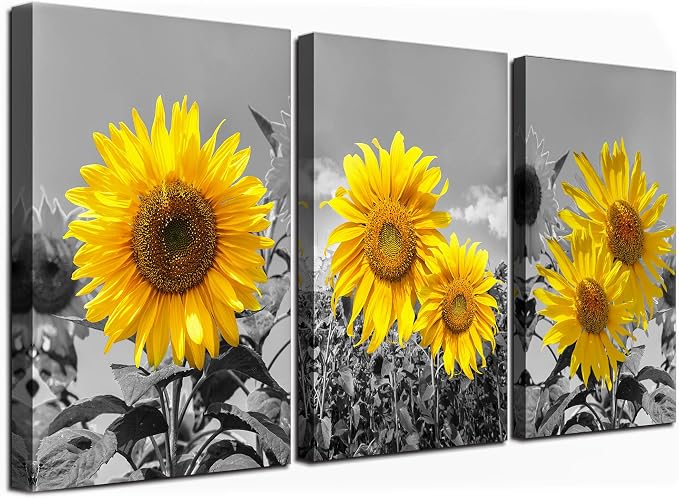 USIXA Sunflower Wall Art for Living Room Black White Flowers Wall Decor Yellow Floral Canvas Prints Painting Wood Frame with Hook Decorative Botanical Blossom Picture Artwork in 3 Panels 12×16 Inches