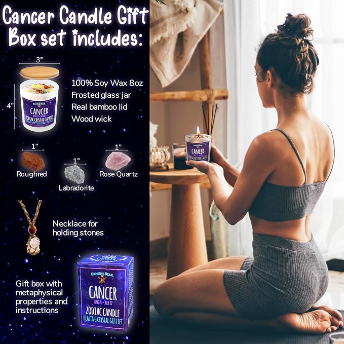 DANCING BEAR Cancer Zodiac Candle Gift Box Set with 3 Healing Crystals & Stone Holder Necklace, 100% Soy Scented Wax, Crackling Wood Wick, 45 Hour Burn Time