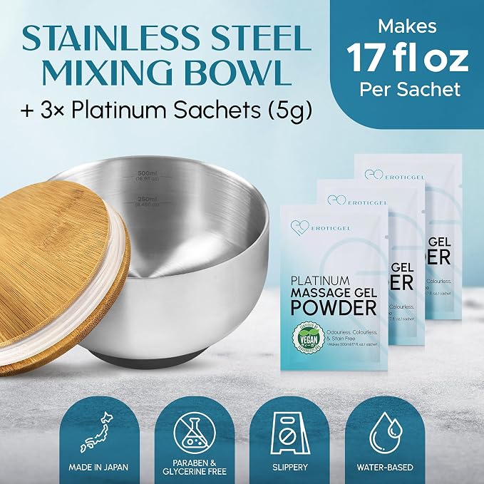 Nuru Massage Gel Powder & Bowl Set | 3 × 5g Platinum Sachets + Stainless Steel Mixing Bowl | Japanese-Made Powder | Vegan | Paraben & Glycerin Free | Makes 50.7 fl oz