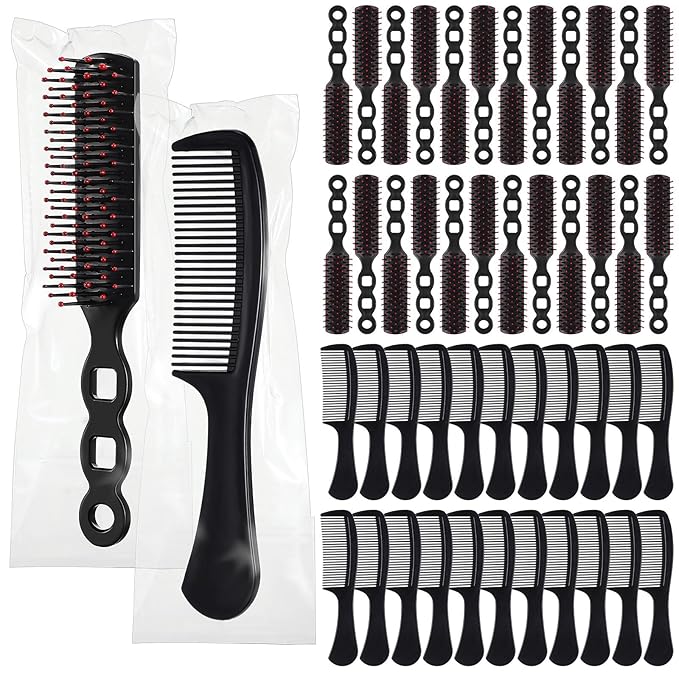 Baderke 48 Pcs Combs Set Bulk Hair Brushes for Homeless Individually Wrapped Hair Brush and Comb for Women Hotel Nursing Charity Travel(Black)