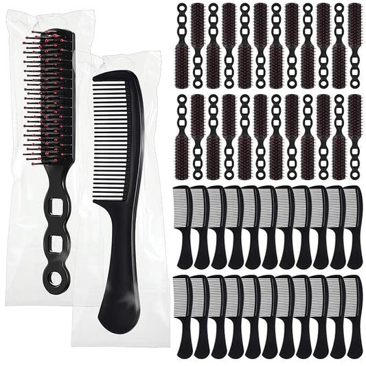 Baderke 48 Pcs Combs Set Bulk Hair Brushes for Homeless Individually Wrapped Hair Brush and Comb for Women Hotel Nursing Charity Travel(Black)